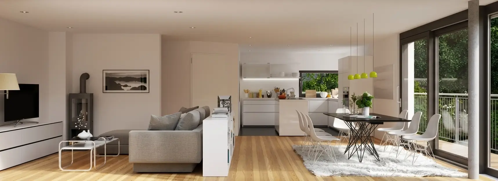 Helles, modernes Wohnzimmer mit offener Küche und Essbereich
