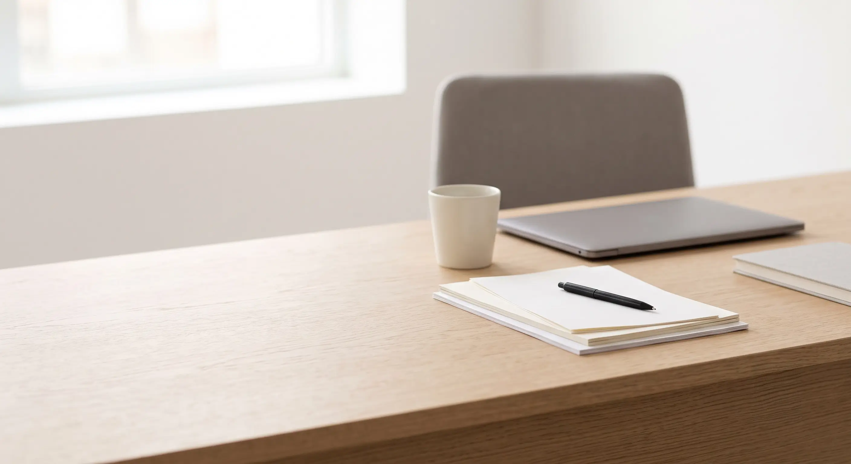 Aufgeräumter Schreibtisch mit Notizblock, Stift, Tasse und Laptop vor heller Fensterfront