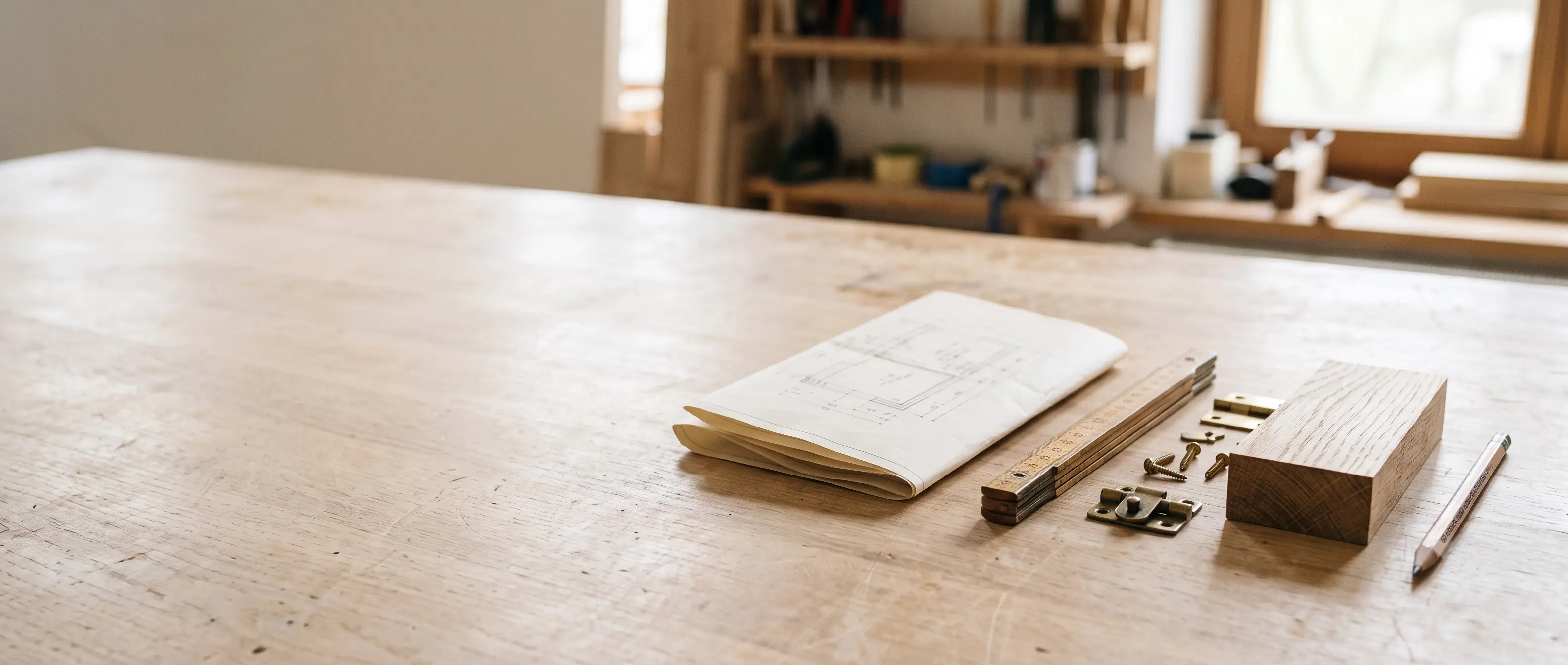 Werkbank mit aufgeschlagenem Bauplan, Zollstock, Beschlägen und Holzblock